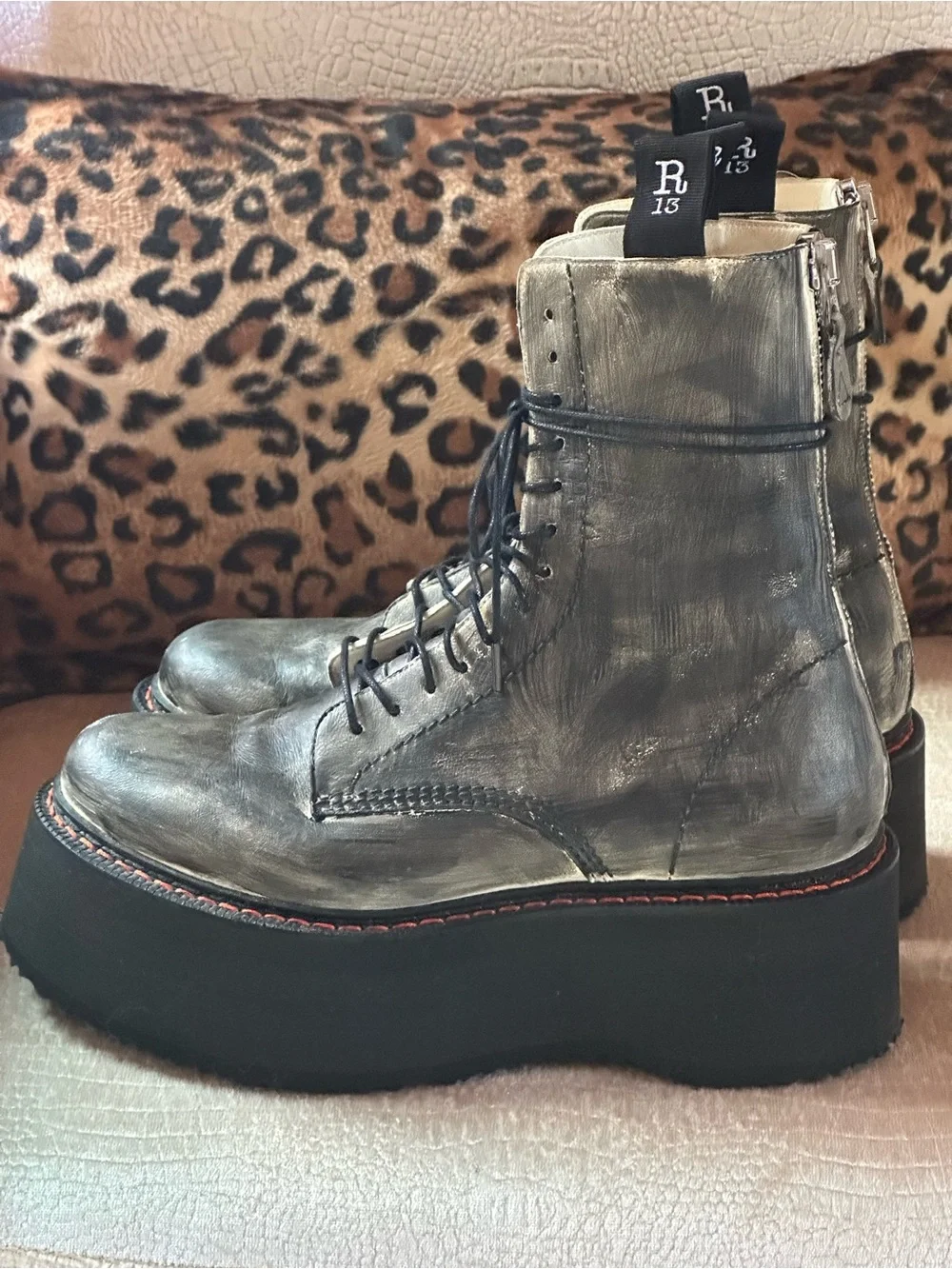 R13 Women's Metallic Distressed Double Platform Combat Boot - Grey
